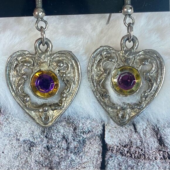 Silver Heart Shaped Dangle Earrings with Purple Gold Rhinestone Accents - Picture 2 of 5